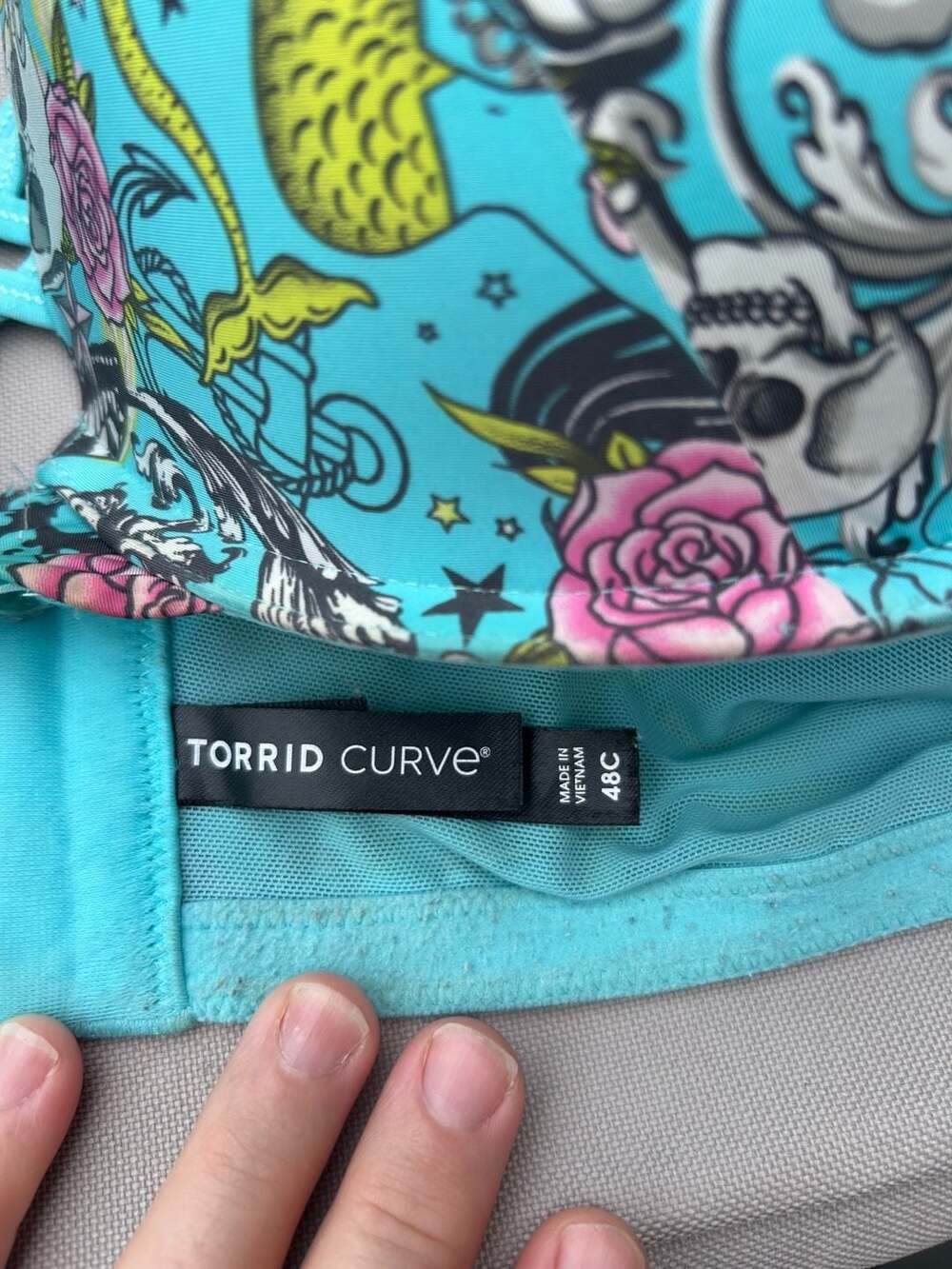 Torrid Curve Tattoo Skull Floral Print Bra Size 48C Blue